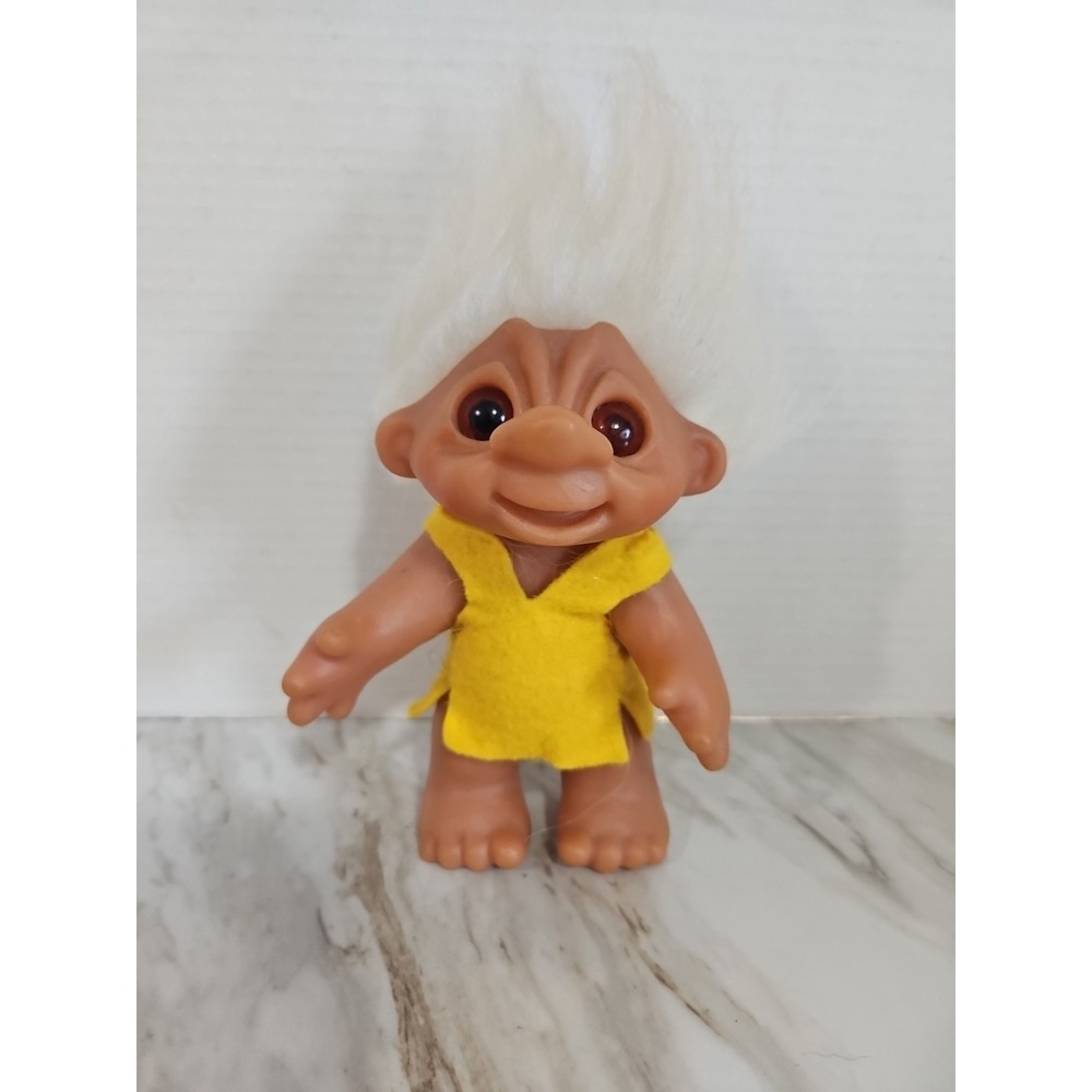 T.H DAM DESIGN TROLLS DOLL DENMARK White HAIR Yellow FELT Dress Tunic Vtg 60's